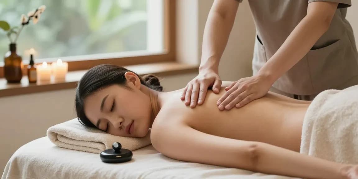 스웨디시 마사지 중인 편안한 여성 고객과 마사지 치료사 모습