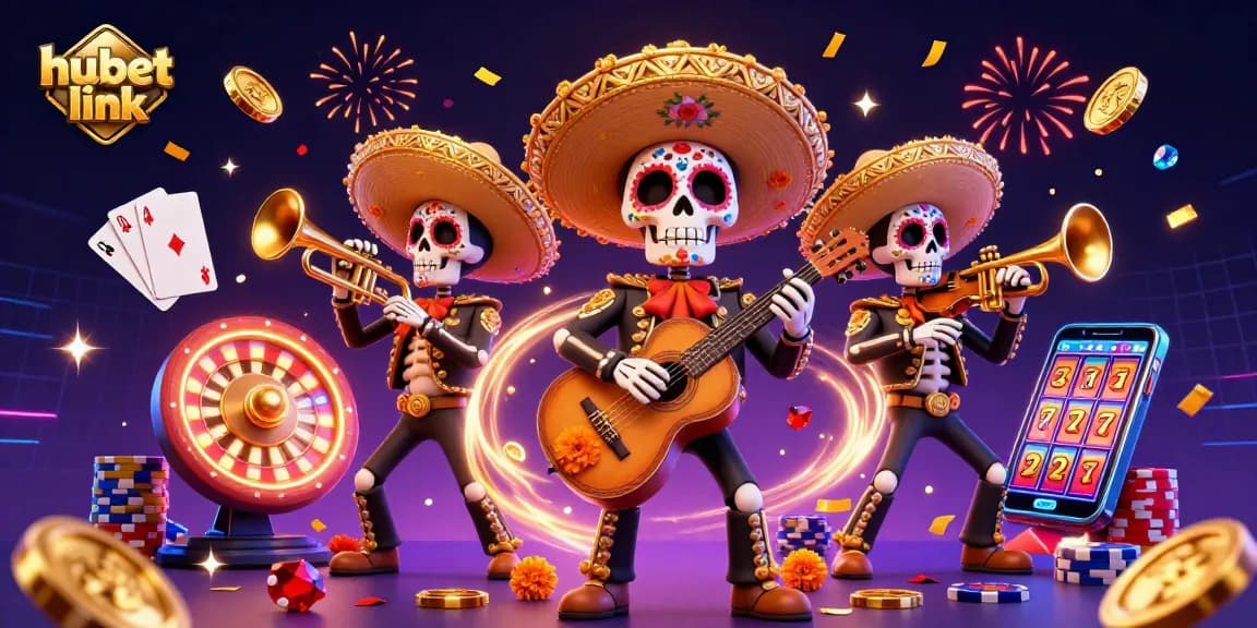 Engage with the vibrant hubet link through a festive casino scene featuring mariachi band and gaming treasures.