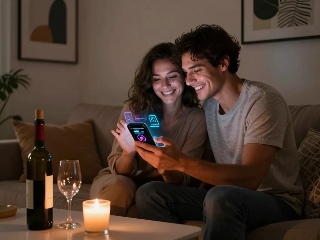 Couple exploring an innovative AI sex application in an intimate setting, showcasing modern technology.
