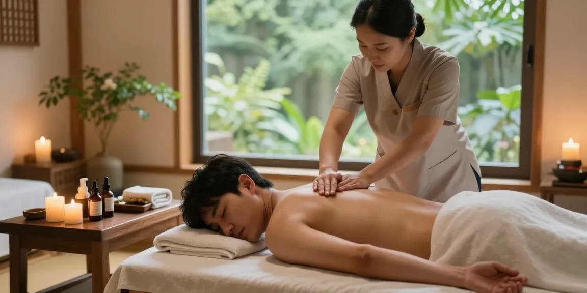 포항마사지 전문 스파에서 남성이 전통 마사지를 받고 있는 사진, 편안한 분위기와 아로마 허브 제품이 보임.