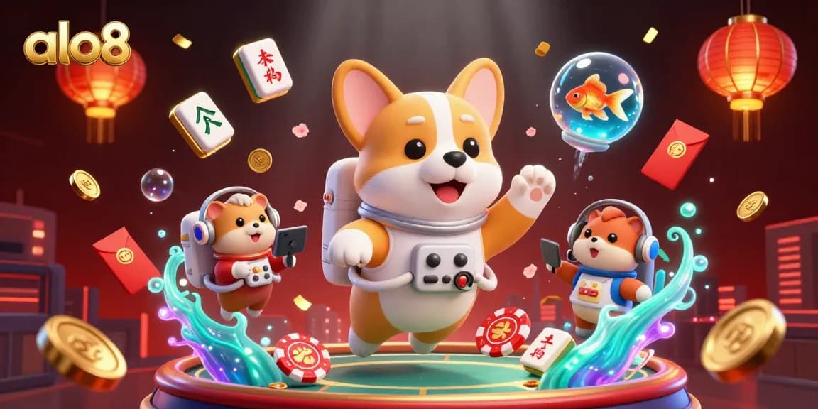 Play exciting games at alo8 casino with immersive 3D illustration of a corgi astronaut and vibrant gambling elements.