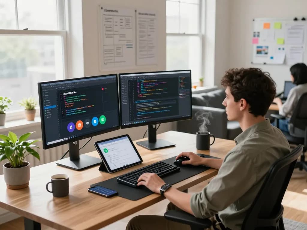 Clawdbot AI enhancing productivity in a modern tech workspace with dual monitors and creative elements.
