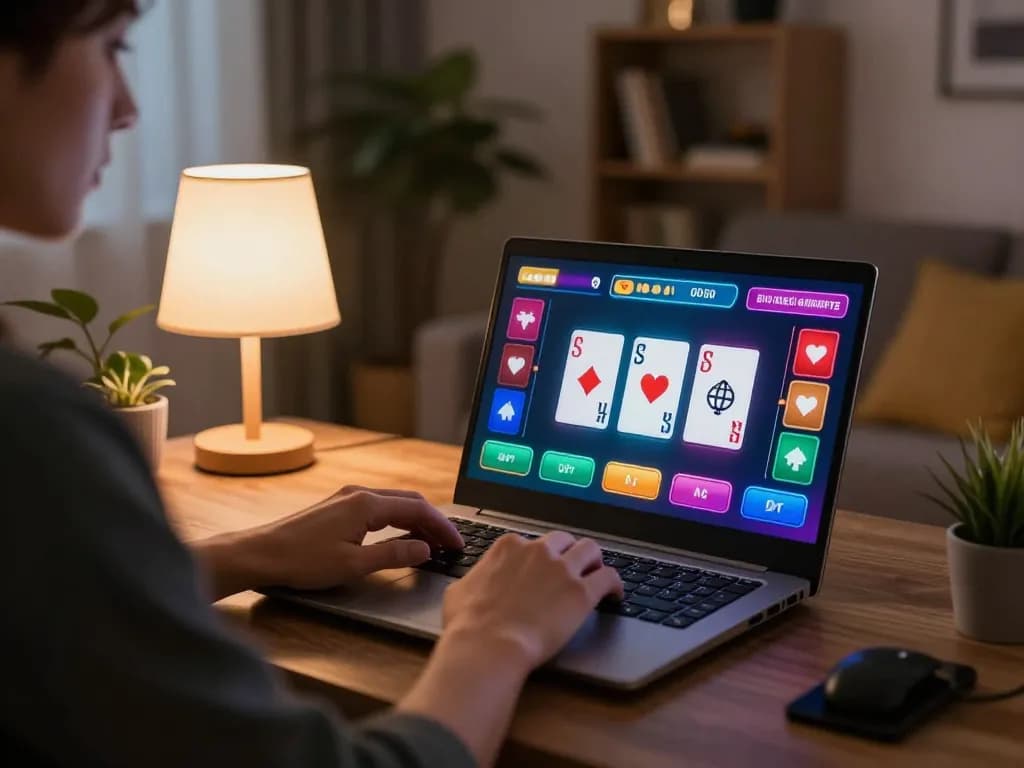 Player engaging with llwin online casino on cozy home laptop setup, showcasing vibrant game interface.