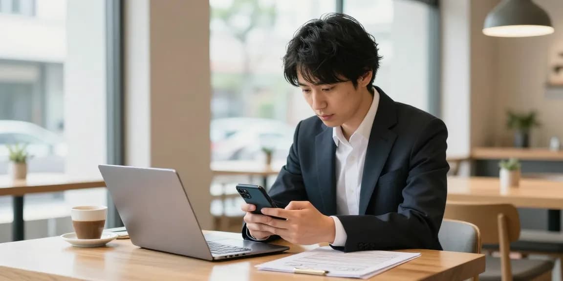 ツイッター フォロワー 購入 日本人のためのビジネスシーン、カフェでスマートフォンを使う日本人。
