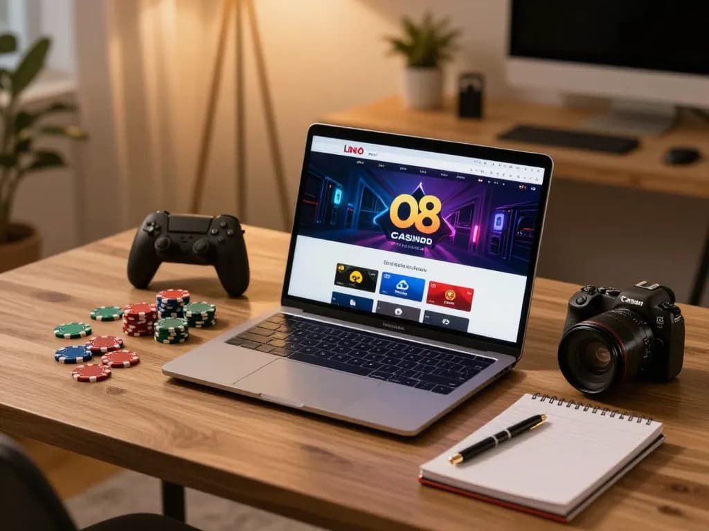 Engaging in online gaming with link vào o8 on a laptop, surrounded by gaming materials, inviting home office scene.