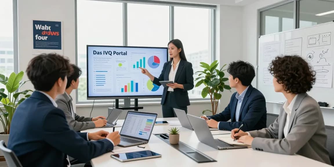 Team collaborating in a modern office discussing Das IVQ Portal analytics, with diverse team members engaged in strategy.