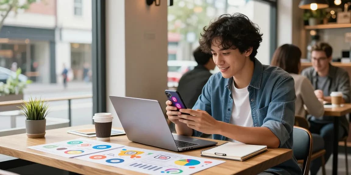 インスタグラムフォロワー購入に関する活気あるマーケティングシーン、カフェで若い起業家がラップトップで作業しながらスマホでSNSを操作