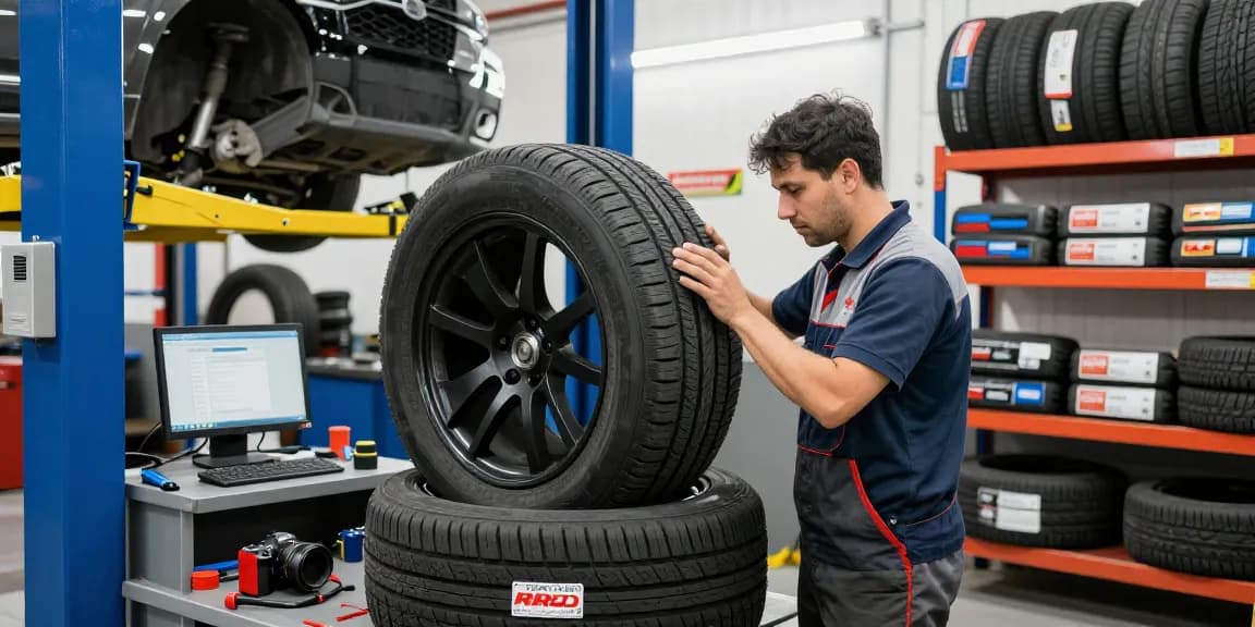 Expert mechanic inspecting a Double Coin RR99 tire in a busy automotive shop environment