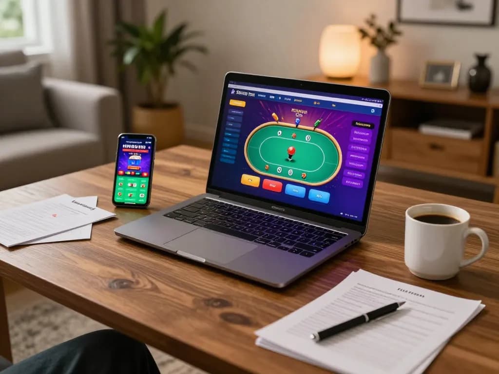 Engaging online gaming session at home with 78 WIN poker interface displayed on laptop.