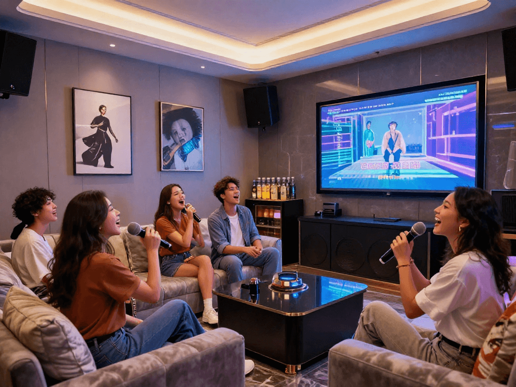 강남엘리트 프리미엄 가라오케 룸에서 즐거운 친구들과 노래하는 장면