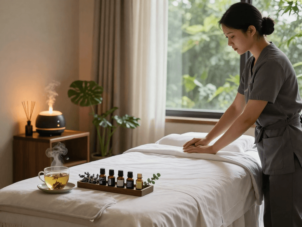 출장마사지 therapy setup with serene ambiance, essential oils, and tranquil decor.