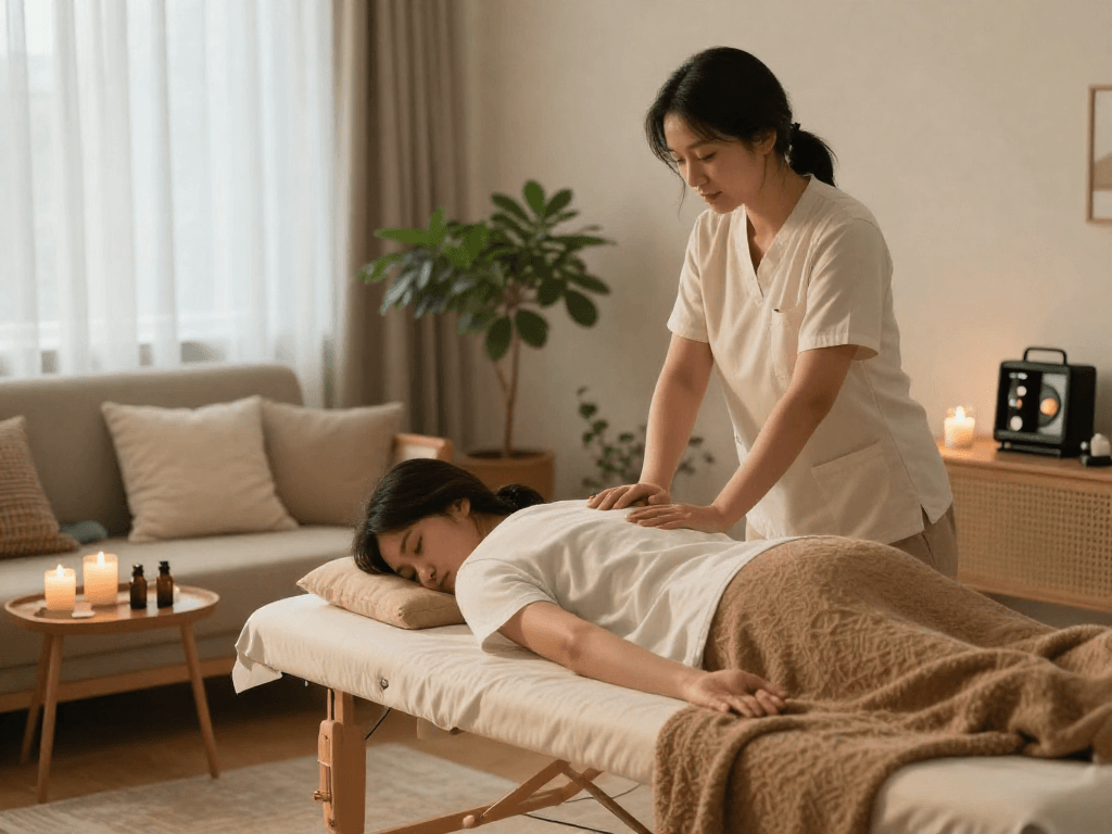 신림출장마사지 home service providing relaxation and wellness in a cozy living room.