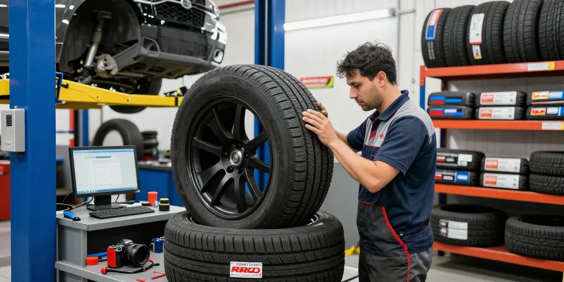 Expert mechanic inspecting a Double Coin RR99 tire in a busy automotive shop environment