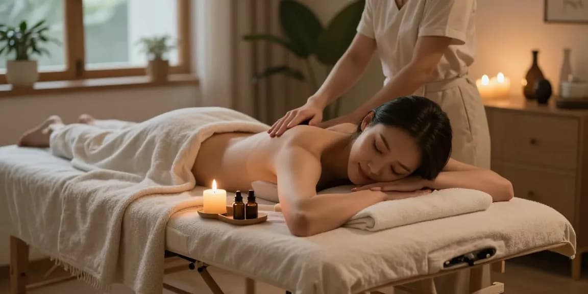 출장안마를 받으며 편안한 표정을 짓고 있는 여성의 모습, 아로마 캔들과 마사지 도구가 있는 아늑한 공간