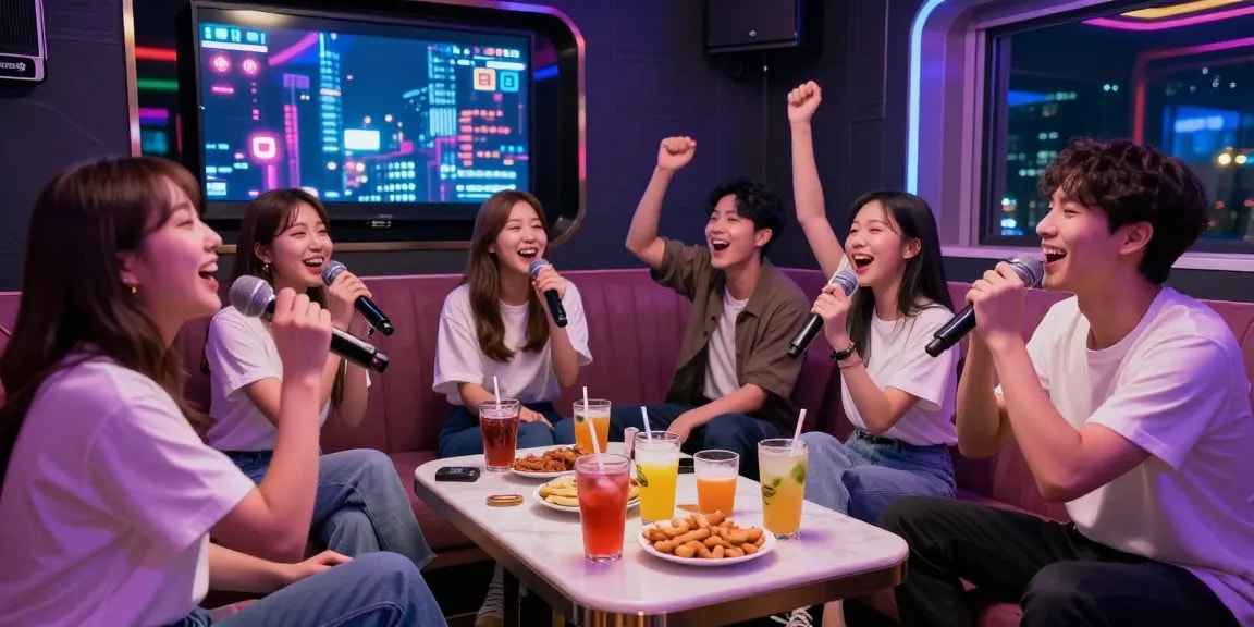 강남가라오케에서 친구들과 함께 노래하며 즐거워하는 모습, 화려한 조명과 음료가 어우러진 파티 분위기