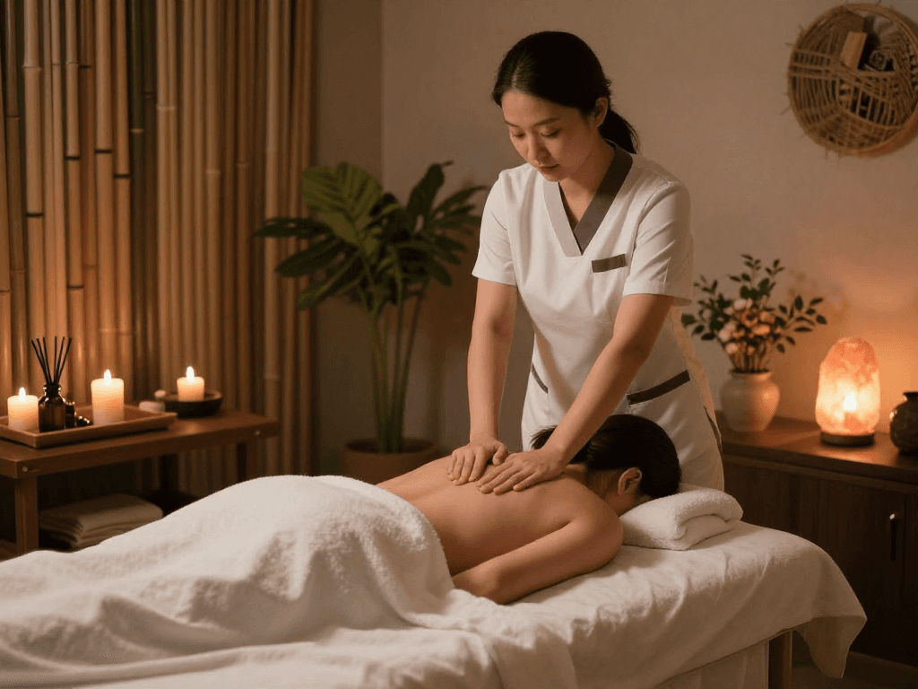 남양주출장마사지 therapist providing a tranquil massage with soothing ambiance and candles in a spa setting