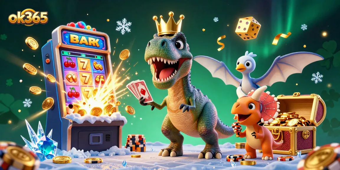 Engage with the vibrant slot game action at ok365, featuring cheerful dinosaur characters and a jackpot explosion.