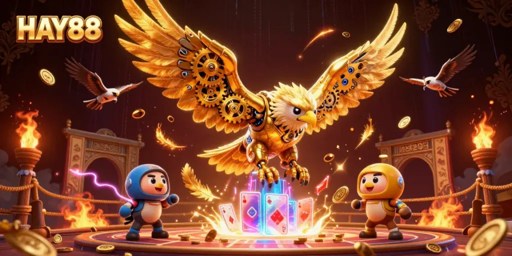 Experience thrilling gameplay at HAY88 with cybernetic eagle and vibrant casino elements.