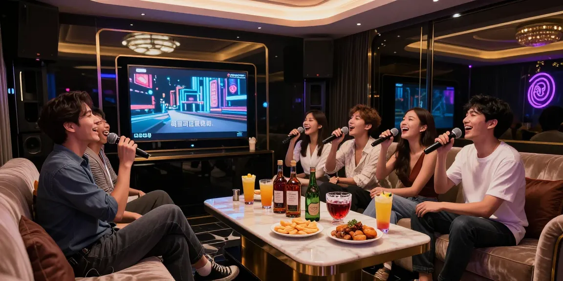 강남쩜오의 고급스러운 프라이빗 노래방에서 친구들이 노래를 부르며 즐거운 시간을 보내고 있는 모습