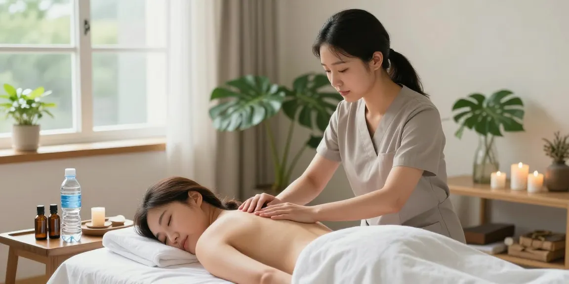 일산출장마사지로 편안한 공간에서 마사지를 받는 고객의 모습과 한국인 관리사의 친절한 서비스