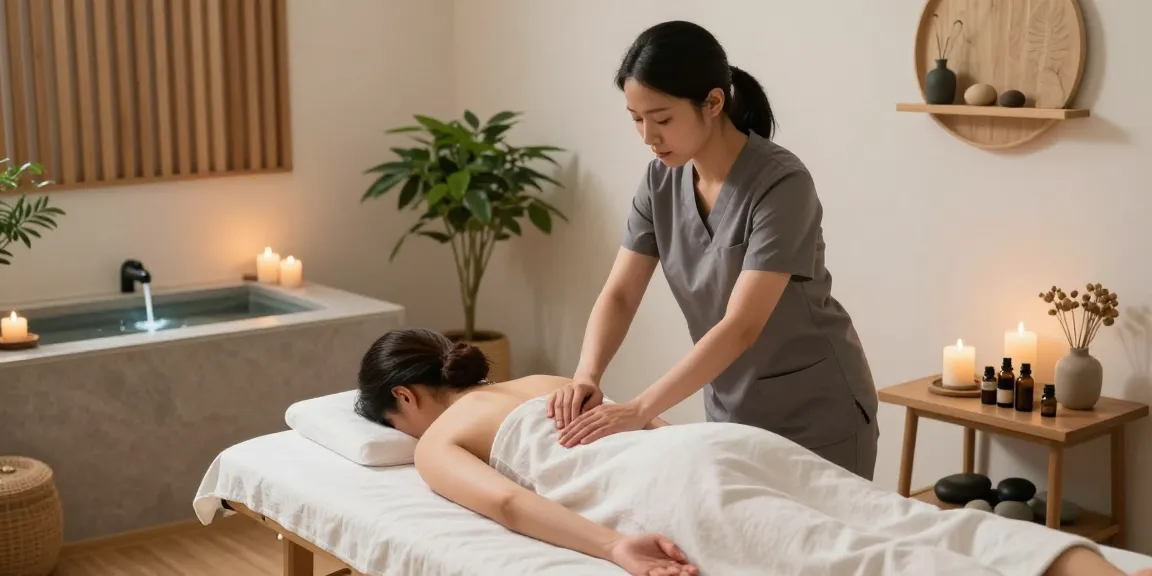 1인샵에서 편안한 환경에서 전문 치료사가 고객을 마사지하는 모습, 아늑하고 편안한 분위기의 스파 공간을 강조합니다.