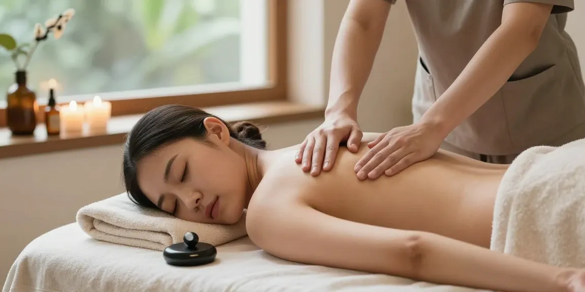 스웨디시 마사지 중인 편안한 여성 고객과 마사지 치료사 모습