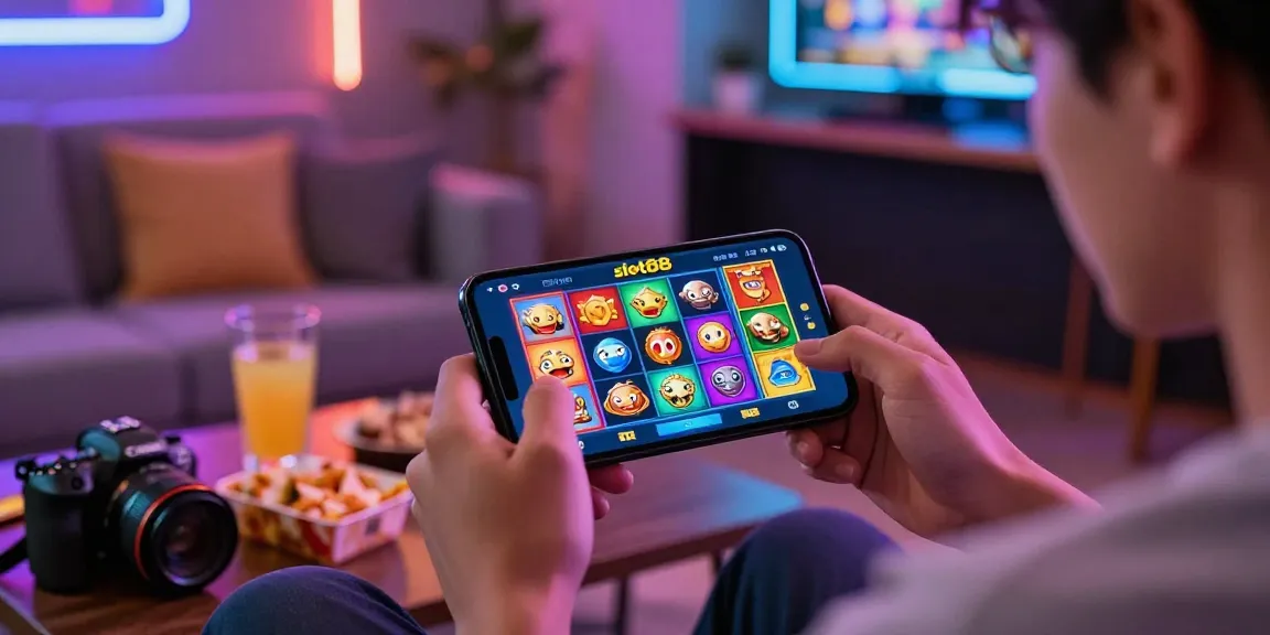 Engaging slot88 gaming scene with player enjoying mobile slots in a vibrant room.
