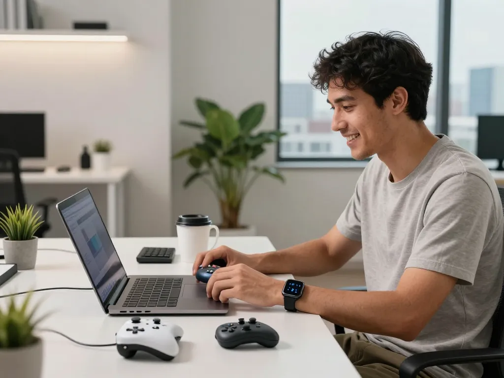 Best tech gadgets for men displayed in a modern workspace featuring Bluetooth devices and a tech-savvy individual.