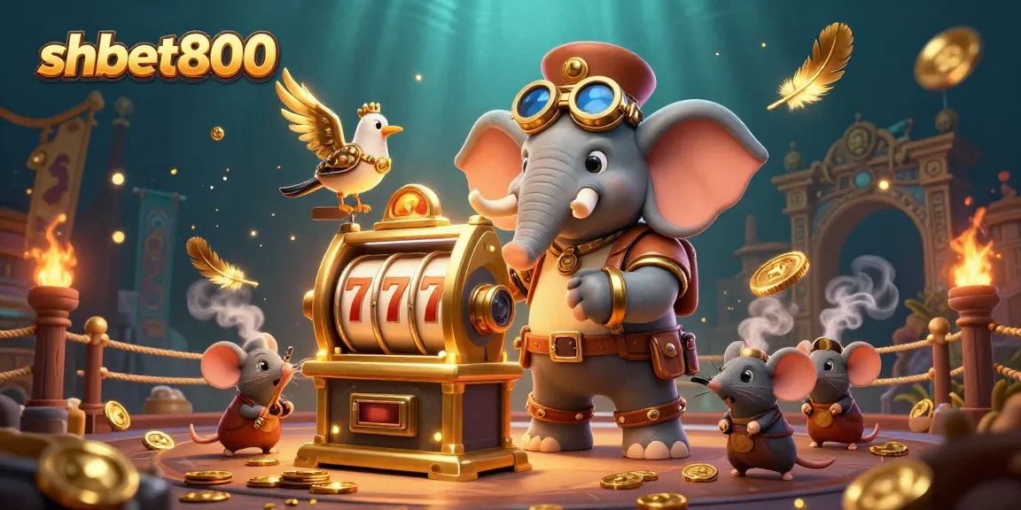 Spin the lucky reels at shbet800, featuring a steampunk elephant and gold coins in a vibrant casino scene.
