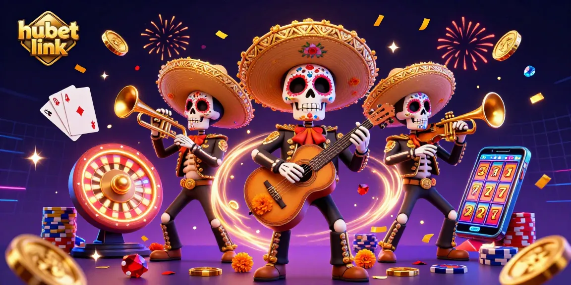 Engage with the vibrant hubet link through a festive casino scene featuring mariachi band and gaming treasures.