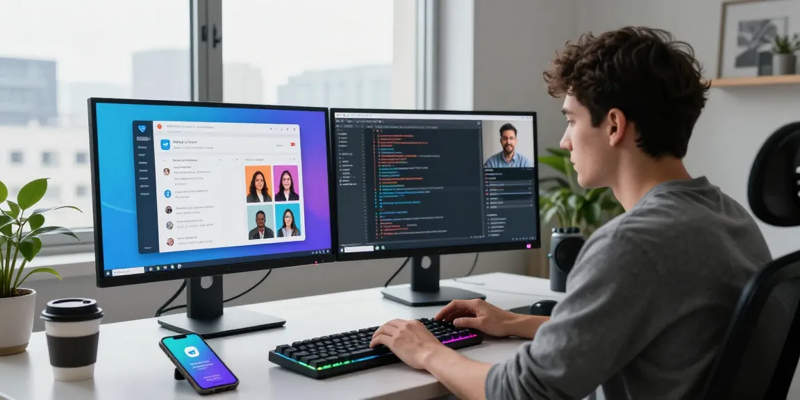 Focus on Telegram web version on a stylish workspace monitor surrounded by tech tools.