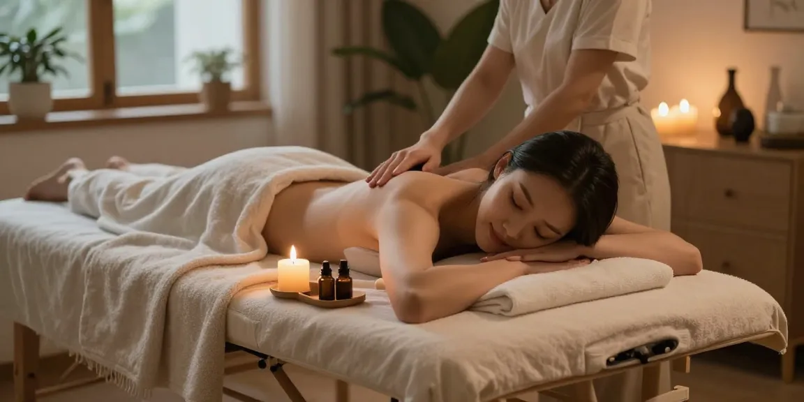 출장안마를 받으며 편안한 표정을 짓고 있는 여성의 모습, 아로마 캔들과 마사지 도구가 있는 아늑한 공간