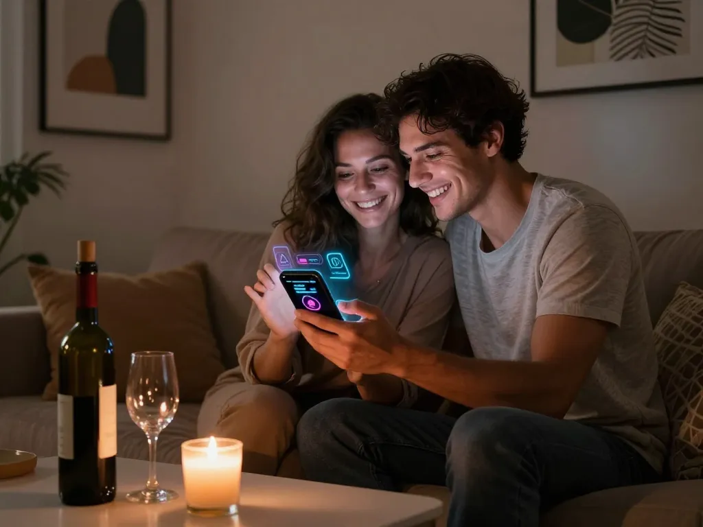Couple exploring an innovative AI sex application in an intimate setting, showcasing modern technology.
