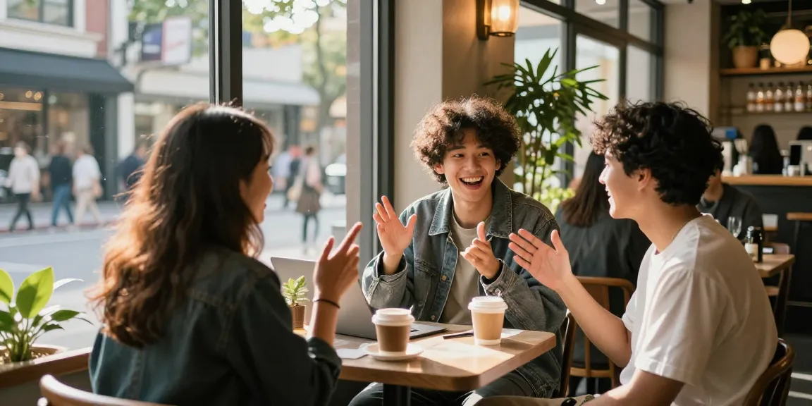 Engaging discussion among friends at café about 오피가이드 services in vibrant urban setting.