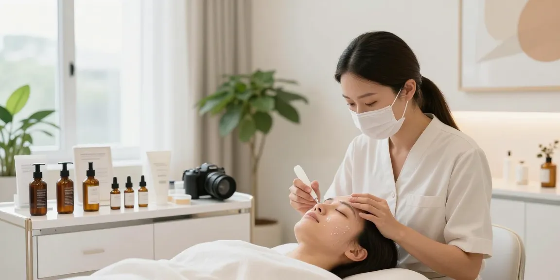 물광필링 치료를 받는 고객의 얼굴에 고급 스킨케어 제품이 놓인 현대적인 스킨클리닉