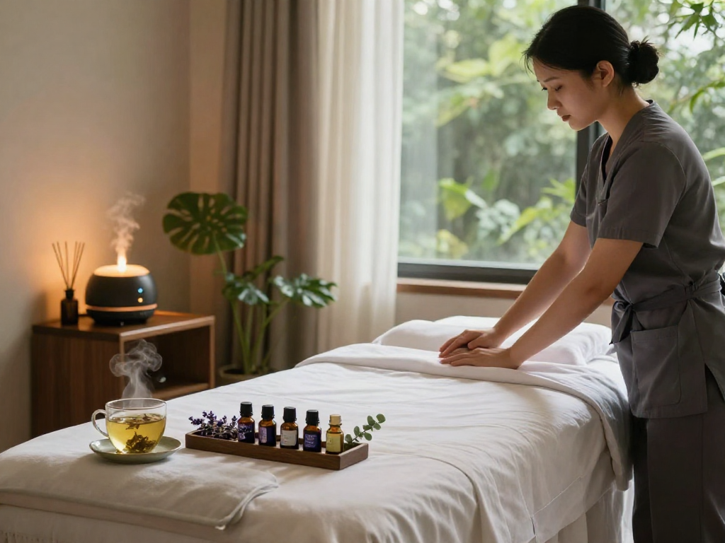출장마사지 therapy setup with serene ambiance, essential oils, and tranquil decor.