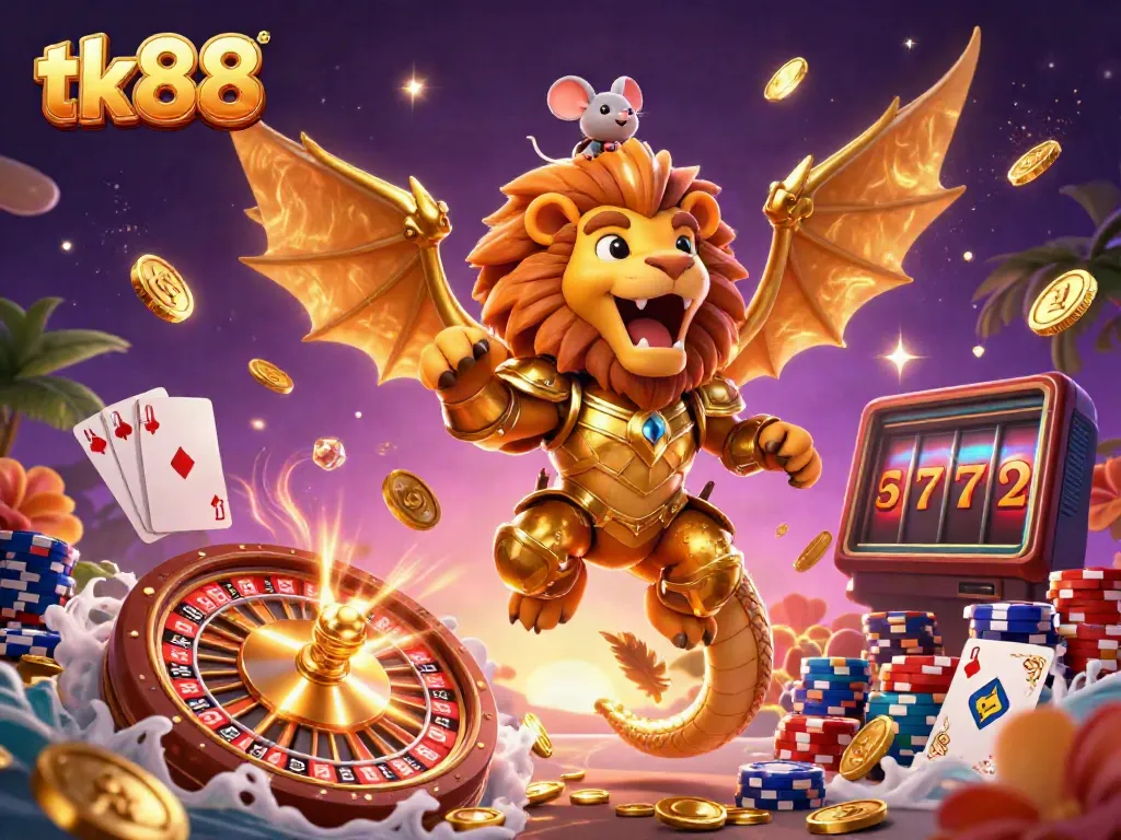 Engaging tk88 online casino scene featuring a chimera creature and dynamic gaming elements including coins, cards, and a roulette wheel.