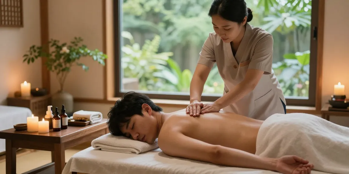 포항마사지 전문 스파에서 남성이 전통 마사지를 받고 있는 사진, 편안한 분위기와 아로마 허브 제품이 보임.