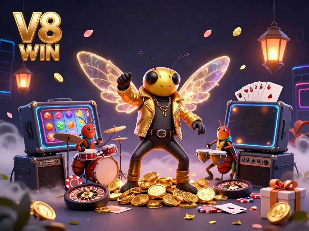 Experience the excitement of V8 WIN featuring a rock star cicada amidst vibrant casino elements in a 3D illustration.