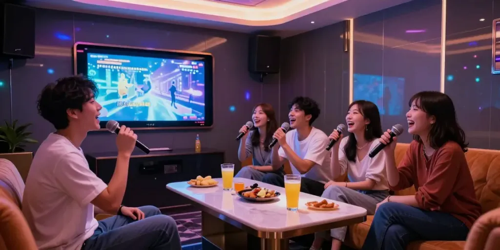 강남 가라오케에서 즐거운 시간 보내는 사람들