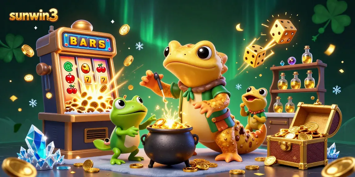 Experience winning with sunwin3, showcasing a golden alchemist and vibrant casino elements in a rich illustration.
