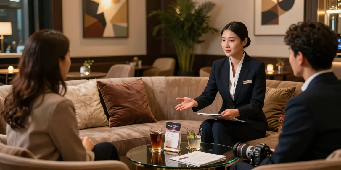 Elegant professional host welcoming clients for 오피 services in a luxurious lounge.