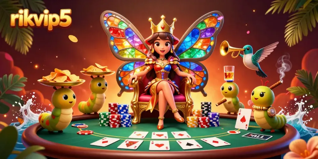 Engage in thrilling poker action with rikvip5, featuring a butterfly queen and vibrant gaming elements.