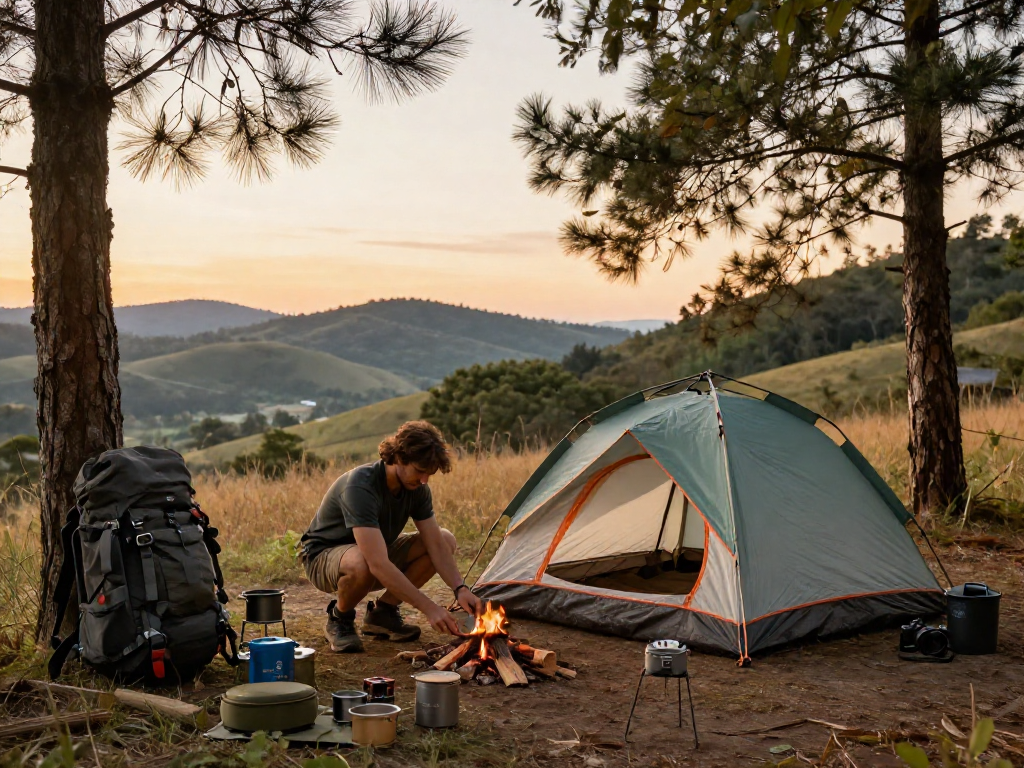 Setting up rokok88 slot login camping gear in a scenic outdoor adventure.