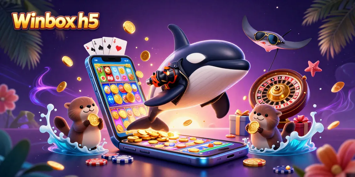 Engage with Winbox h5 for thrilling gaming action amidst vibrant 3D characters and casino elements.
