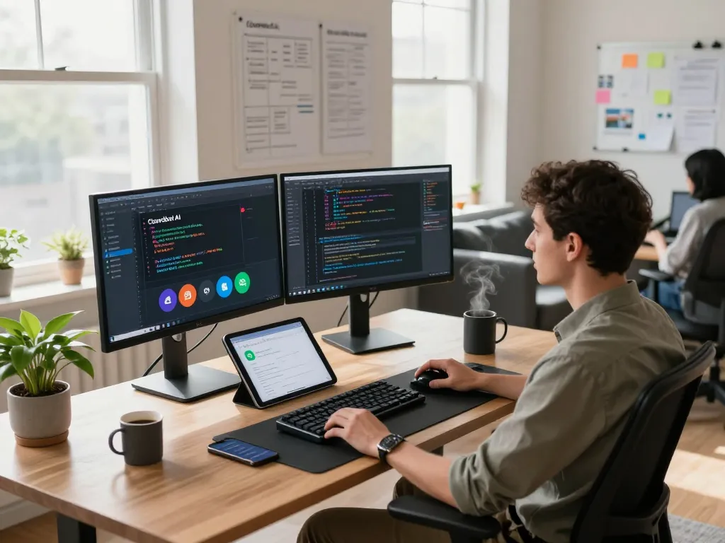 Clawdbot AI enhancing productivity in a modern tech workspace with dual monitors and creative elements.