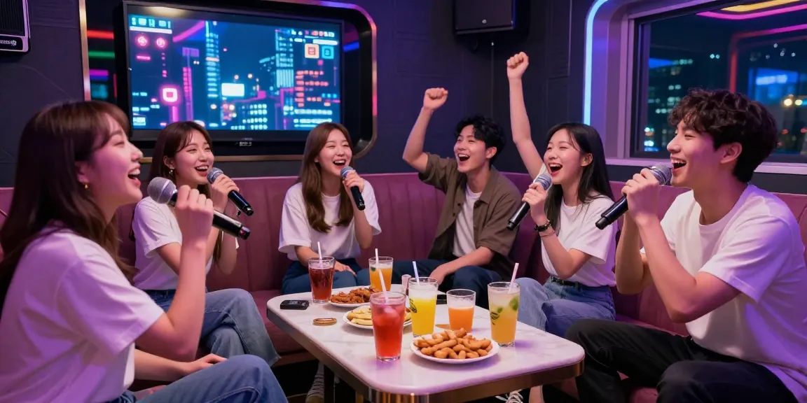 강남가라오케에서 친구들과 함께 노래하며 즐거워하는 모습, 화려한 조명과 음료가 어우러진 파티 분위기