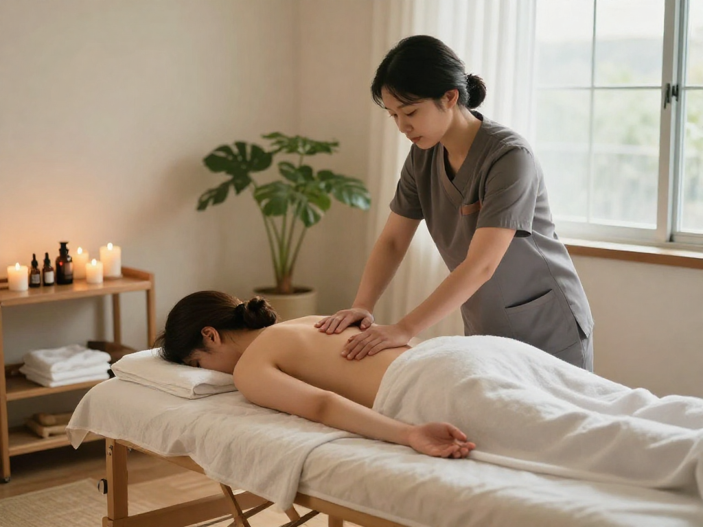부천출장안마 experience in a cozy home with professional massage therapist providing relaxation services in a serene space with soft lighting.