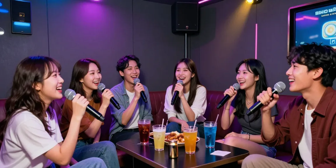 강남가라오케에서 친구들과 함께 즐기는 파티 장면, 마이크를 들고 색색의 조명이 비추는 화려한 실내 장식