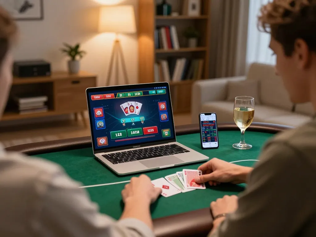 Player enjoying a winning session at qq8827 online poker game on laptop in cozy home setup